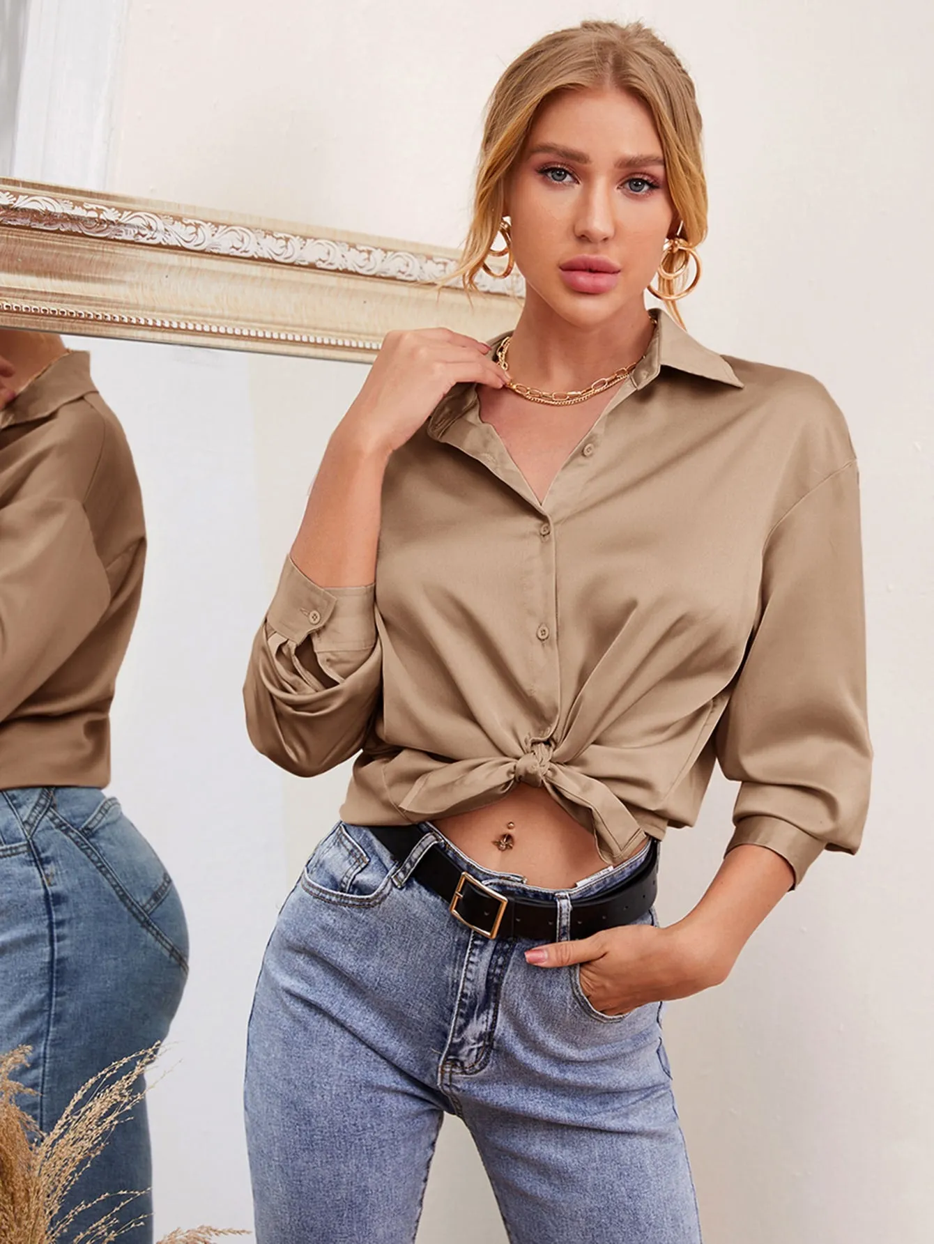 Drop Shoulder Button Front Satin Blouse