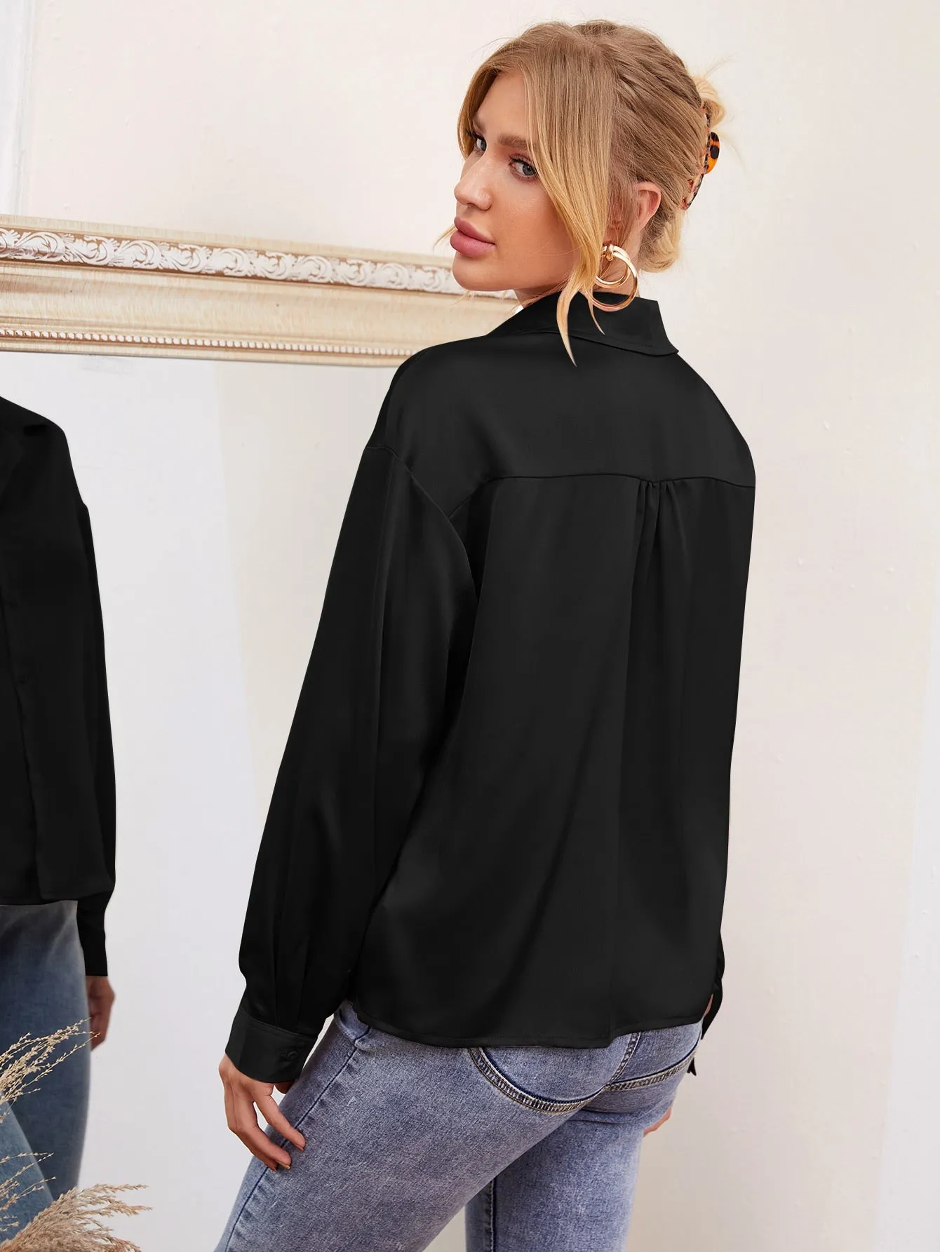 Drop Shoulder Button Front Satin Blouse