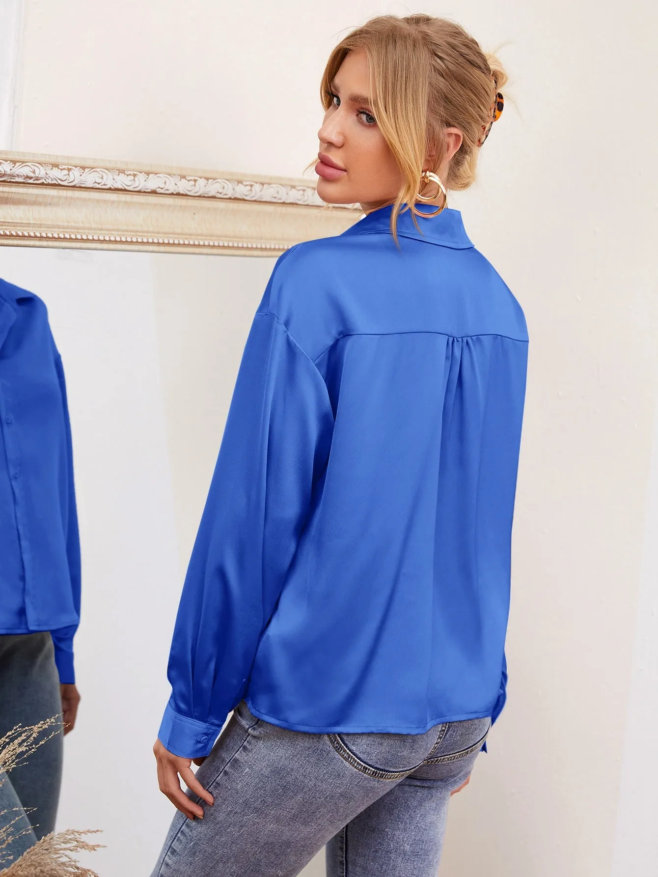 Drop Shoulder Button Front Satin Blouse