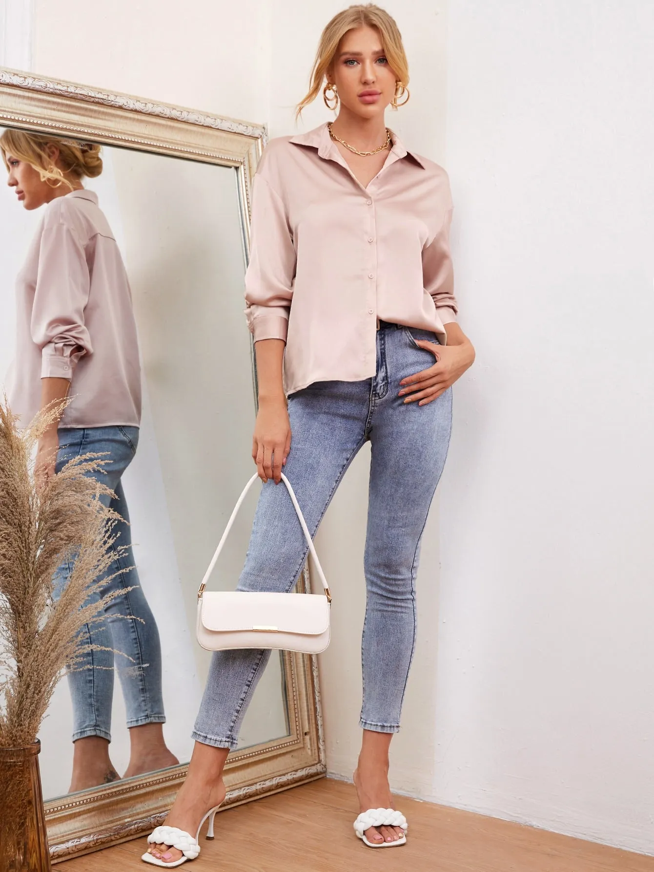 Drop Shoulder Button Front Satin Blouse