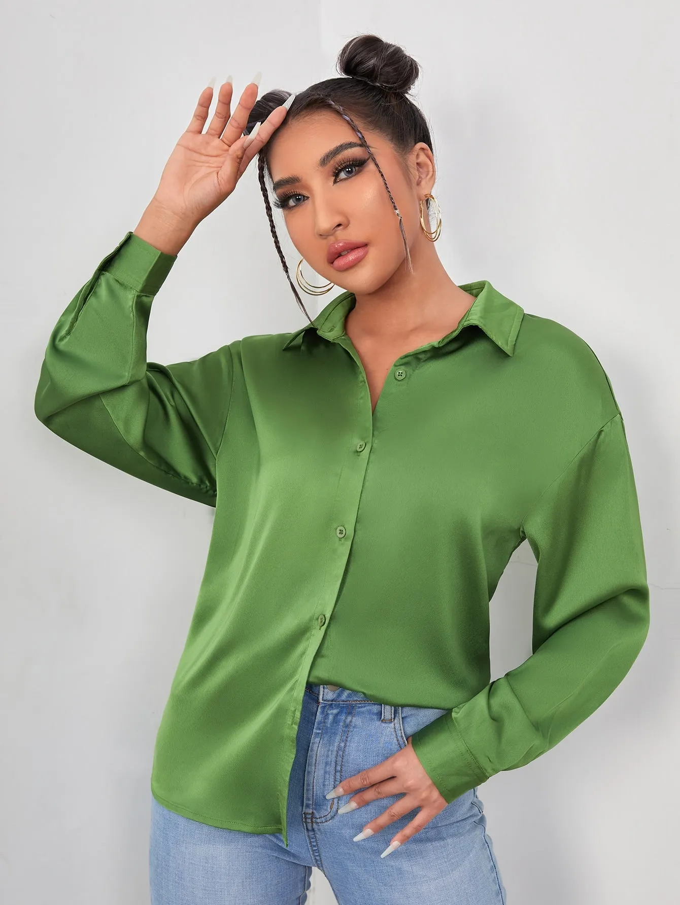 Drop Shoulder Button Front Satin Blouse