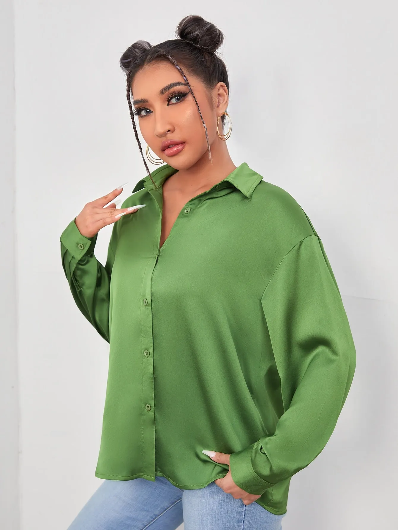 Drop Shoulder Button Front Satin Blouse