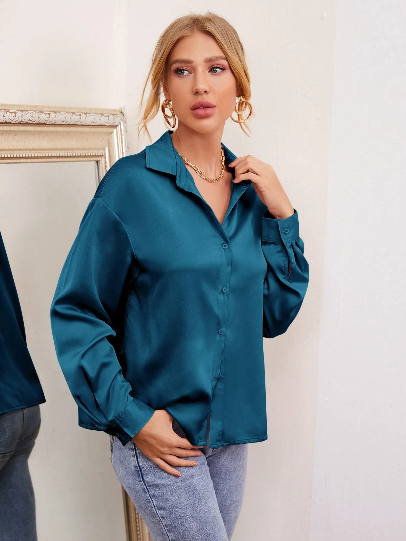Drop Shoulder Button Front Satin Blouse
