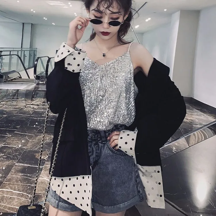 Glittering Sequin V neck Sling Vest Women's Short