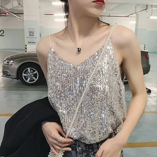 Glittering Sequin V neck Sling Vest Women's Short