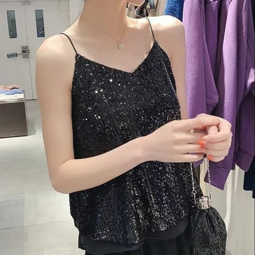 Glittering Sequin V neck Sling Vest Women's Short