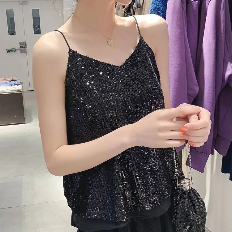 Glittering Sequin V neck Sling Vest Women's Short