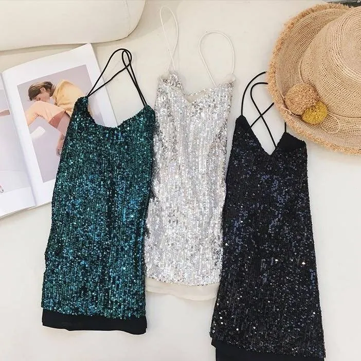 Glittering Sequin V neck Sling Vest Women's Short