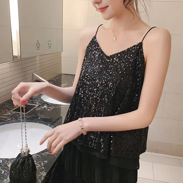 Glittering Sequin V neck Sling Vest Women's Short