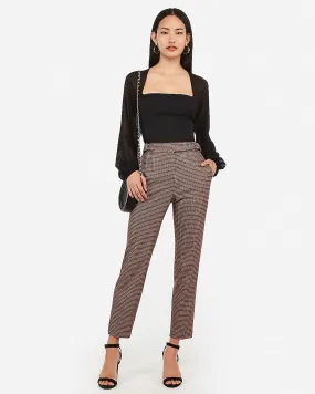 High Waisted Plaid Buckle Ankle Pant in Brown Print