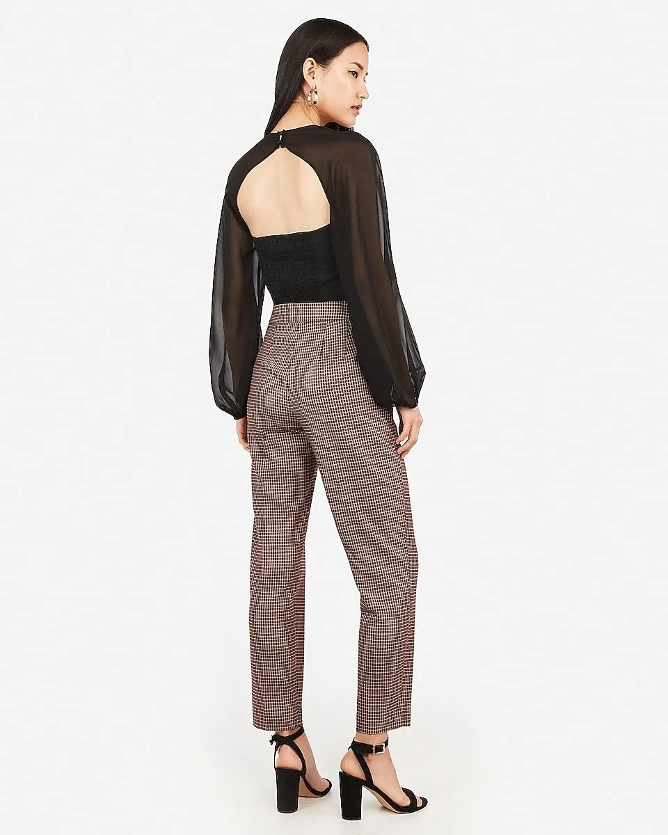 High Waisted Plaid Buckle Ankle Pant in Brown Print
