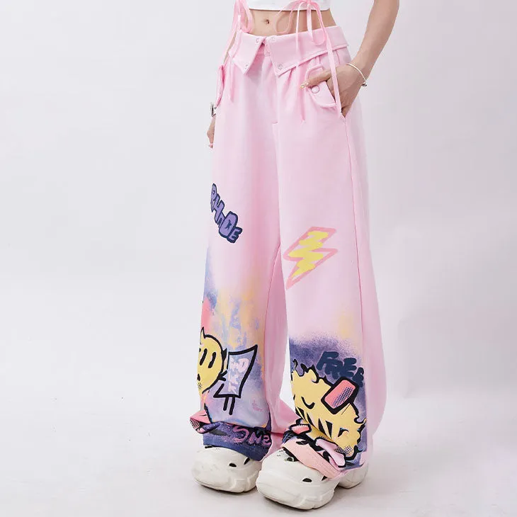 High-waisted Street Graffiti Pink Cargo Pants
