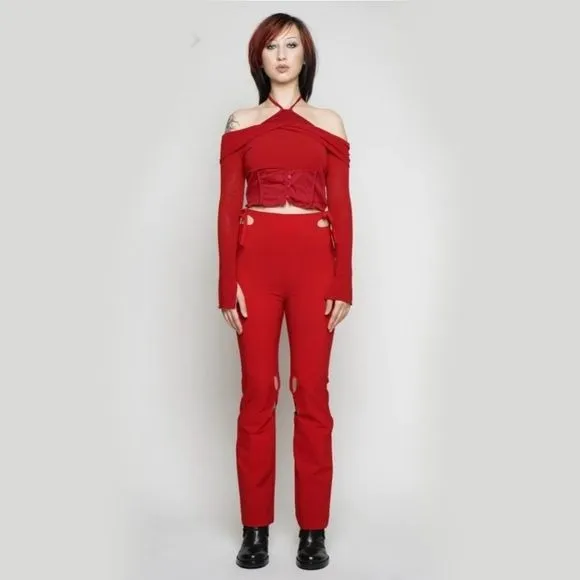 Holey Pray Cut Out Pants | Red Semi Flared Fit High Waisted Side Zip