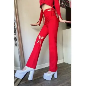 Holey Pray Cut Out Pants | Red Semi Flared Fit High Waisted Side Zip