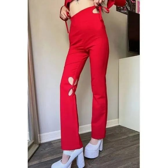 Holey Pray Cut Out Pants | Red Semi Flared Fit High Waisted Side Zip