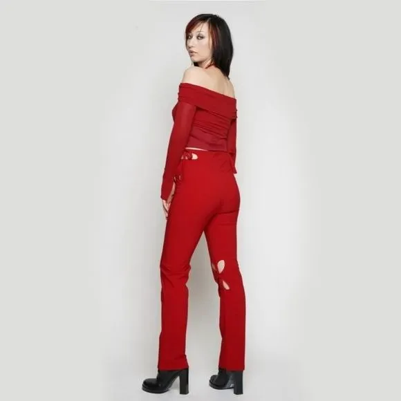 Holey Pray Cut Out Pants | Red Semi Flared Fit High Waisted Side Zip