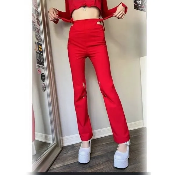 Holey Pray Cut Out Pants | Red Semi Flared Fit High Waisted Side Zip