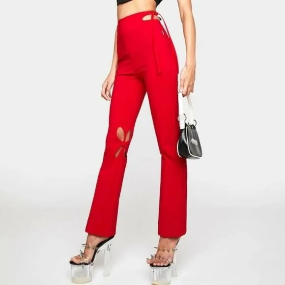 Holey Pray Cut Out Pants | Red Semi Flared Fit High Waisted Side Zip