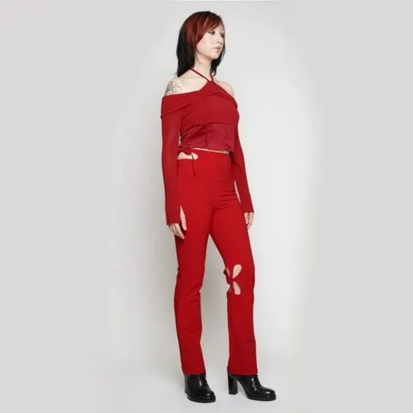 Holey Pray Cut Out Pants | Red Semi Flared Fit High Waisted Side Zip