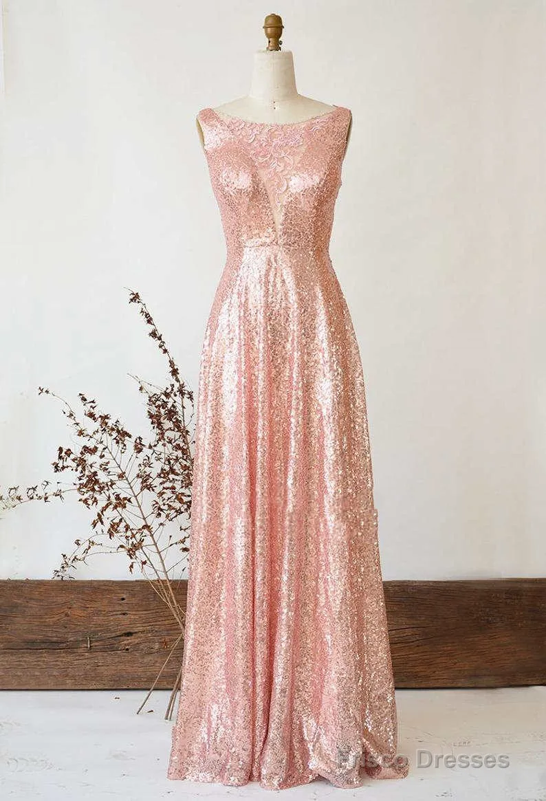 Illusion Lace V-Neck Gose Gold Sequined Bridesmaid Dress