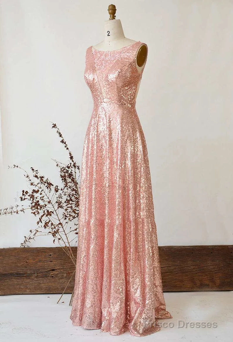 Illusion Lace V-Neck Gose Gold Sequined Bridesmaid Dress