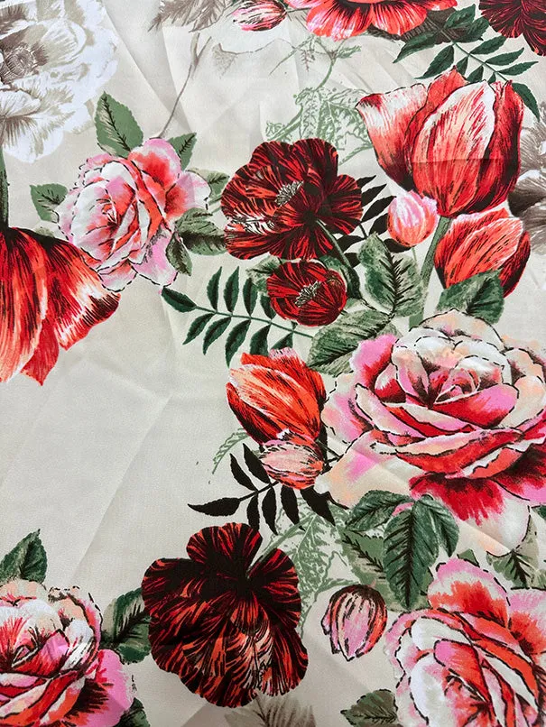 Ivory Multi Floral Print Poly Charmeuse Satin Fabric
