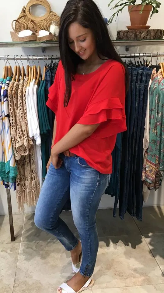 Jaz Ruffle Sleeve Top Red