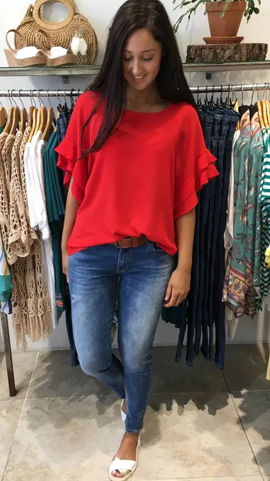 Jaz Ruffle Sleeve Top Red