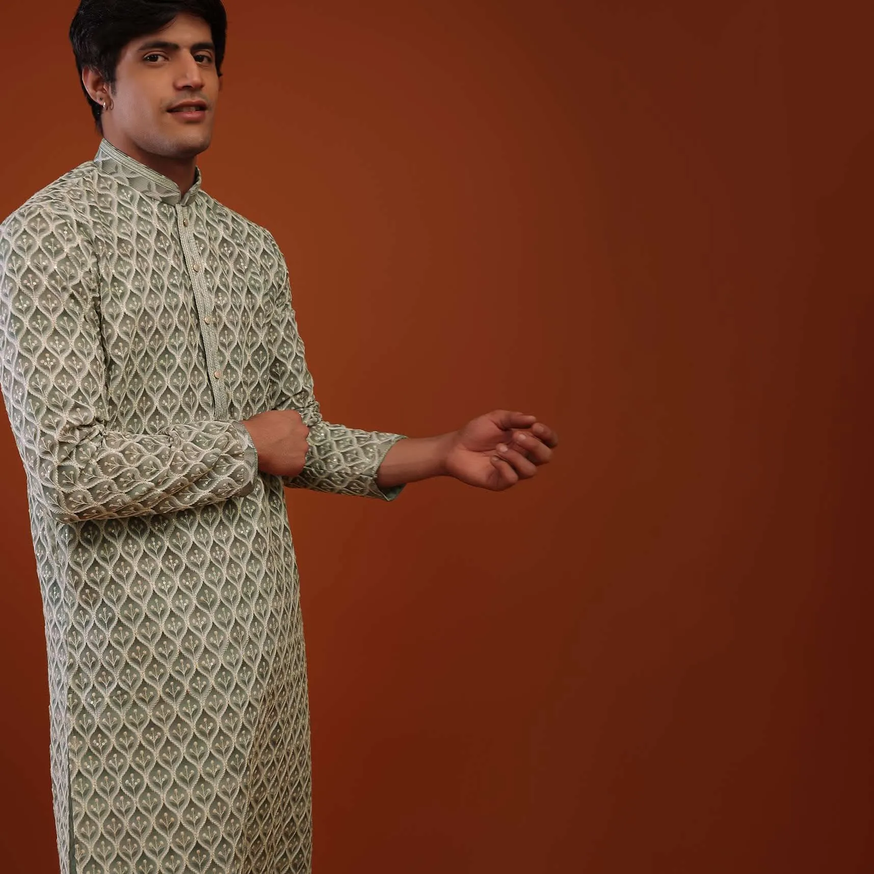 Lauren And Frosty Green Georgette Kurta With Sequins Embroidery, Moroccan Jaal And Sequins Embroidery