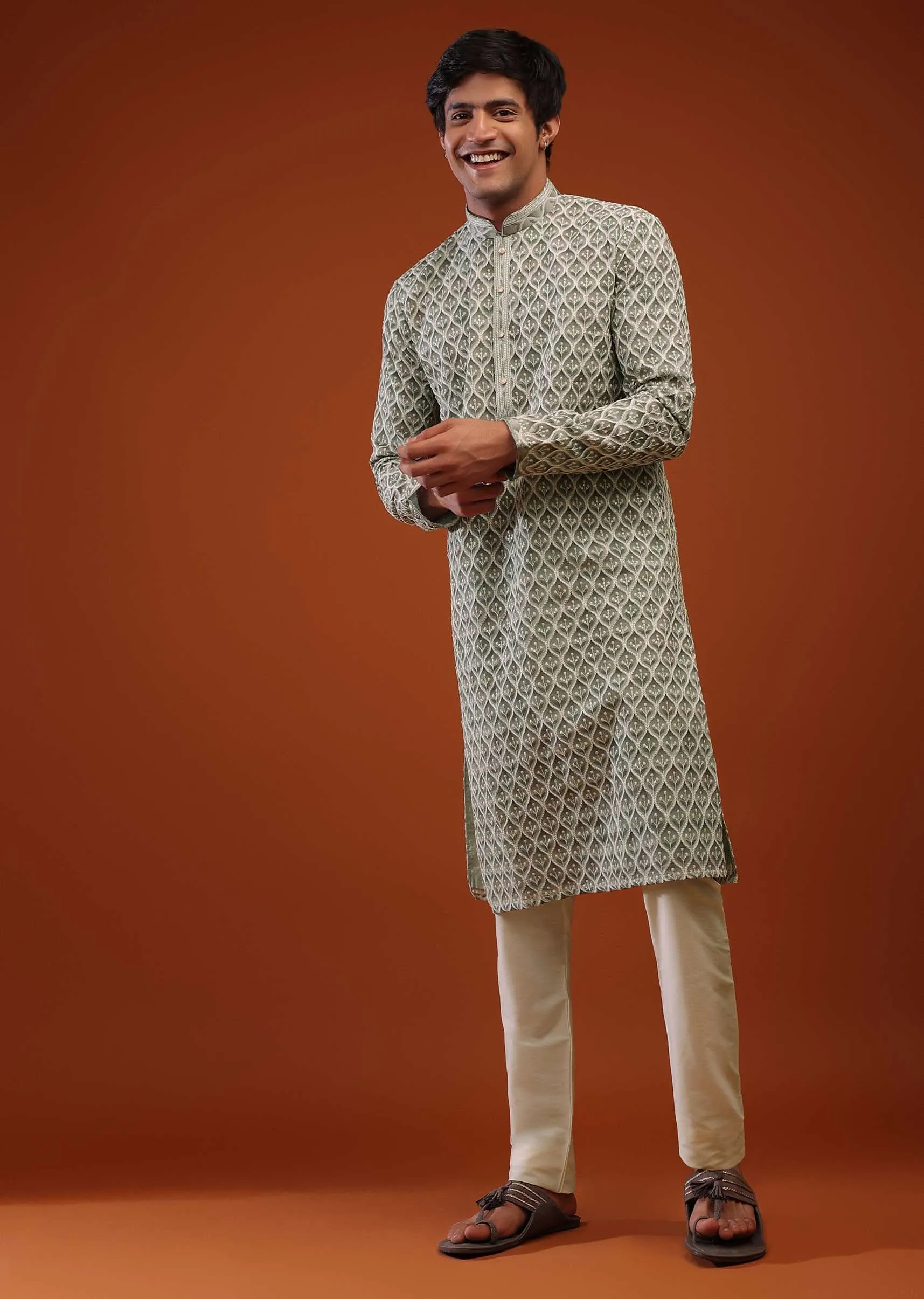 Lauren And Frosty Green Georgette Kurta With Sequins Embroidery, Moroccan Jaal And Sequins Embroidery