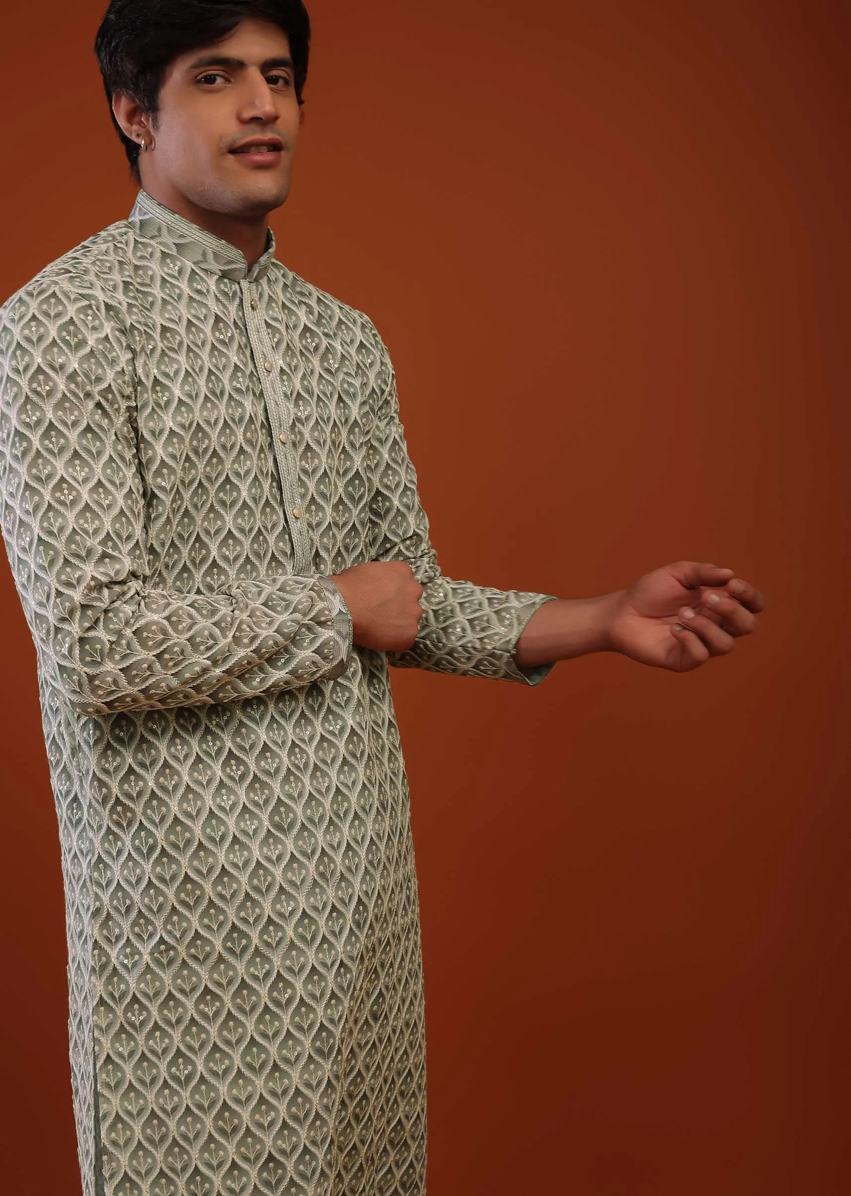 Lauren And Frosty Green Georgette Kurta With Sequins Embroidery, Moroccan Jaal And Sequins Embroidery