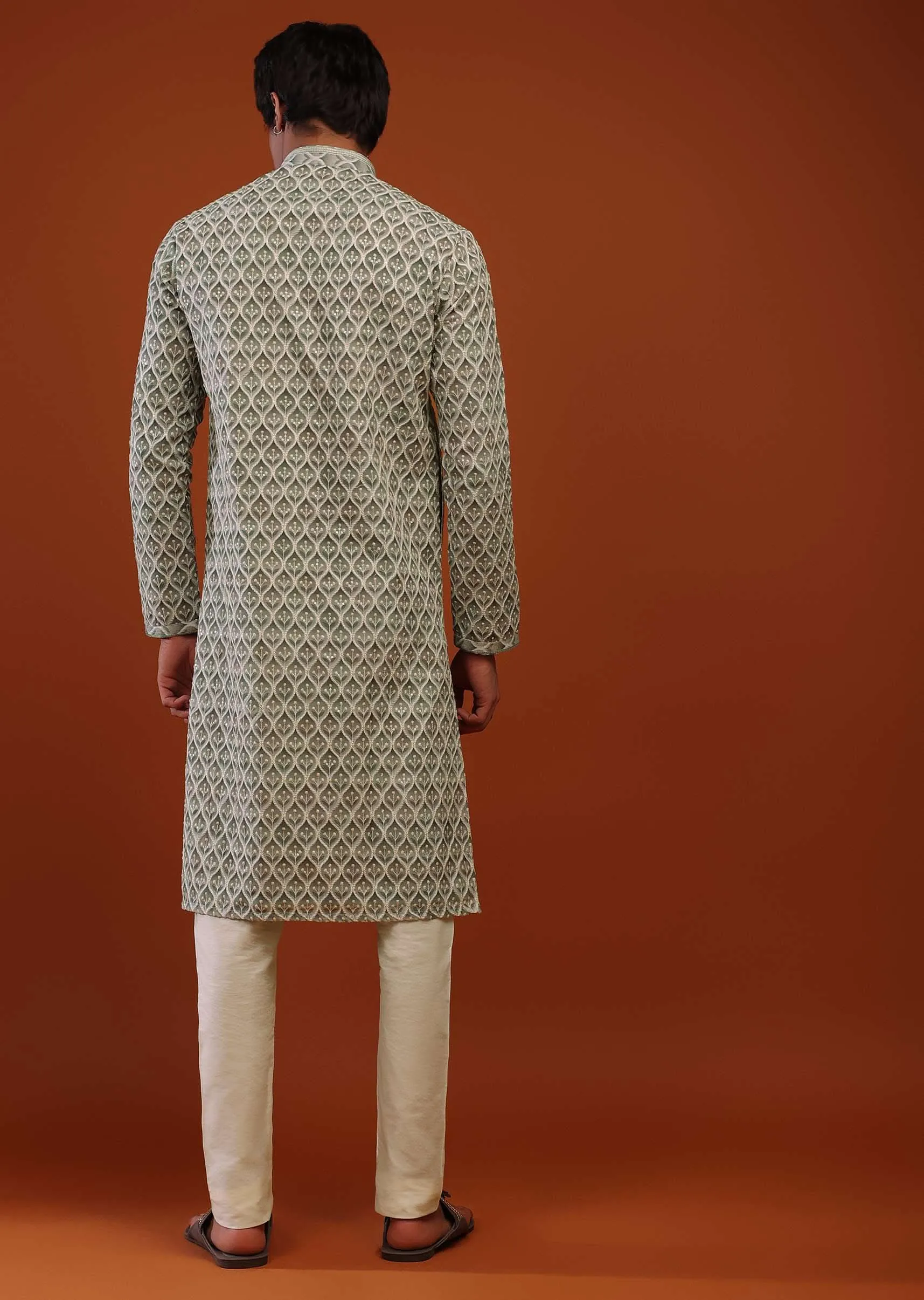 Lauren And Frosty Green Georgette Kurta With Sequins Embroidery, Moroccan Jaal And Sequins Embroidery