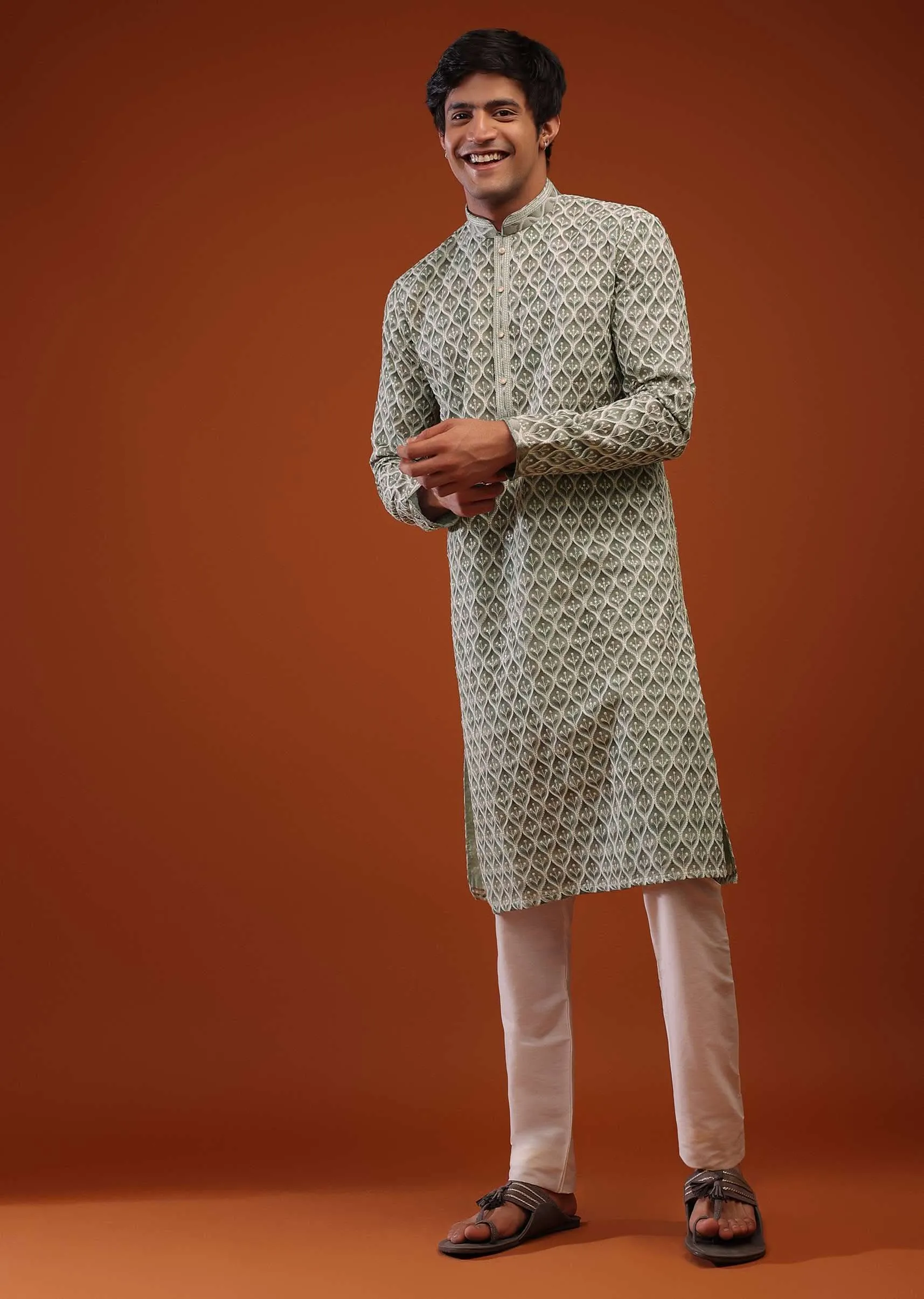 Lauren And Frosty Green Georgette Kurta With Sequins Embroidery, Moroccan Jaal And Sequins Embroidery