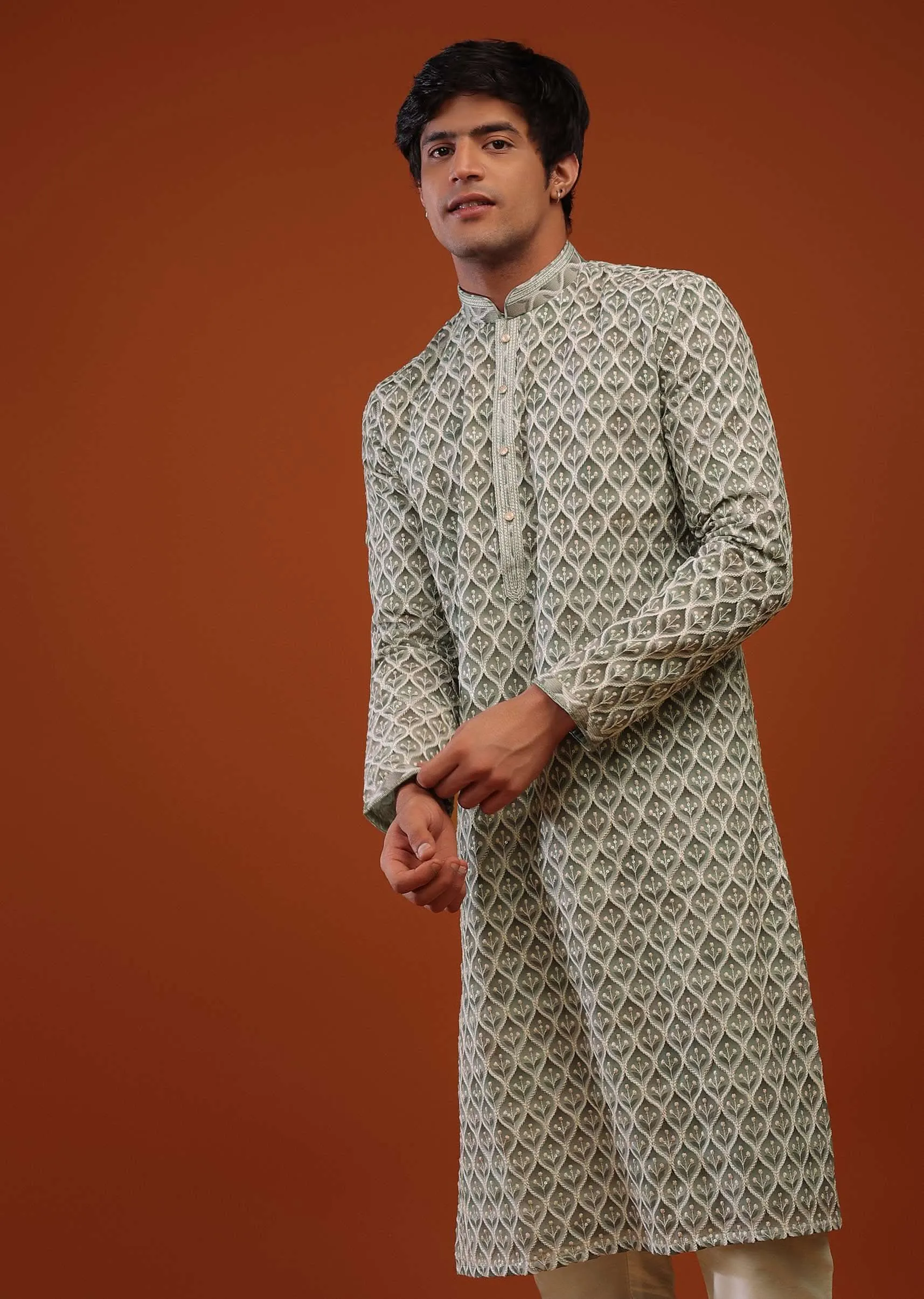 Lauren And Frosty Green Georgette Kurta With Sequins Embroidery, Moroccan Jaal And Sequins Embroidery