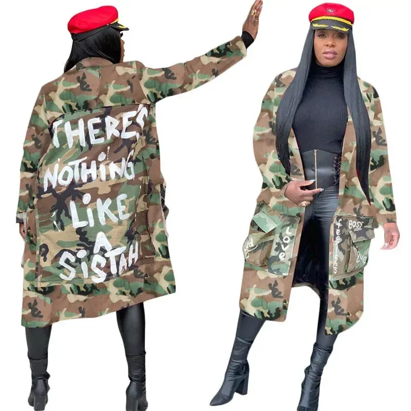 Letter Print Camouflage Trench Jacket