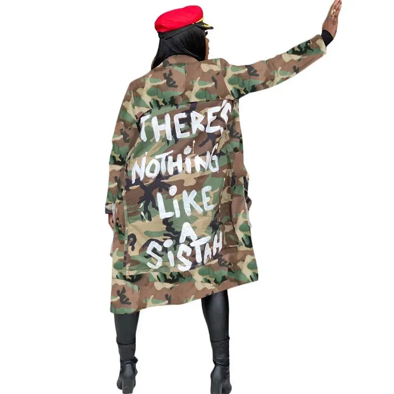 Letter Print Camouflage Trench Jacket