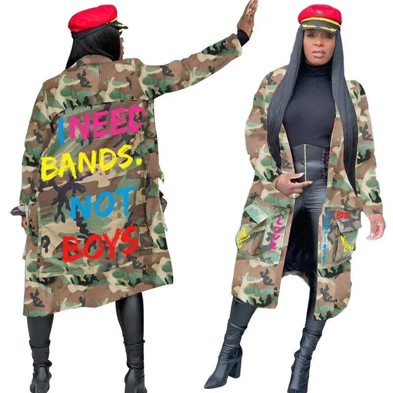 Letter Print Camouflage Trench Jacket