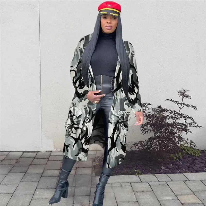 Letter Print Camouflage Trench Jacket