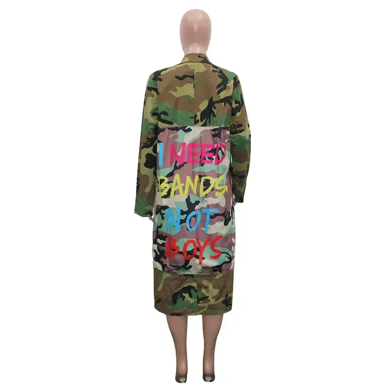 Letter Print Camouflage Trench Jacket
