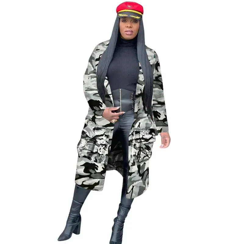 Letter Print Camouflage Trench Jacket