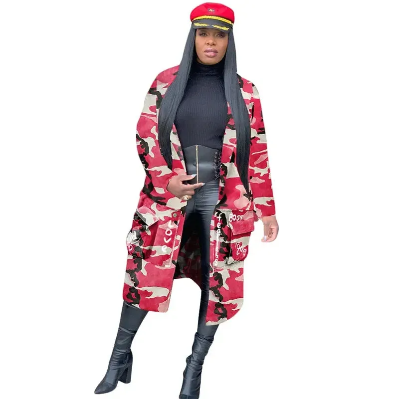 Letter Print Camouflage Trench Jacket