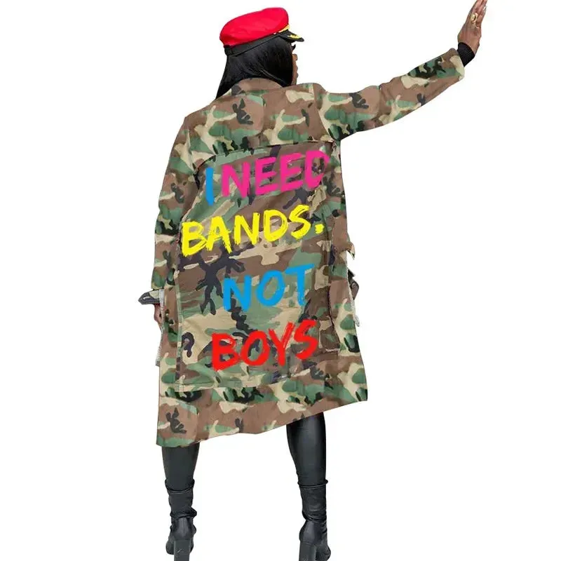 Letter Print Camouflage Trench Jacket