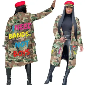Letter Print Camouflage Trench Jacket