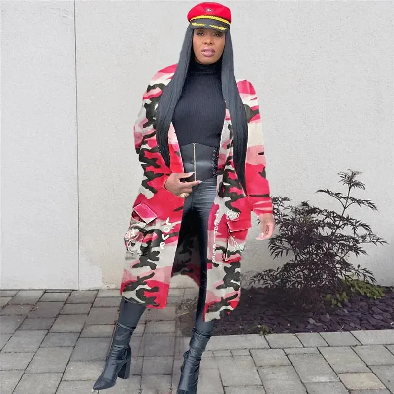 Letter Print Camouflage Trench Jacket