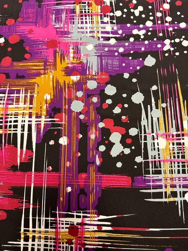 Magenta Multi Abstract Print Poly Charmeuse Satin Fabric
