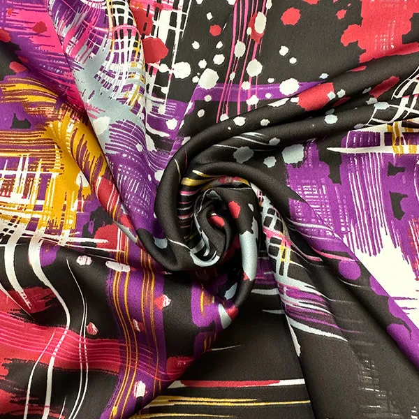 Magenta Multi Abstract Print Poly Charmeuse Satin Fabric