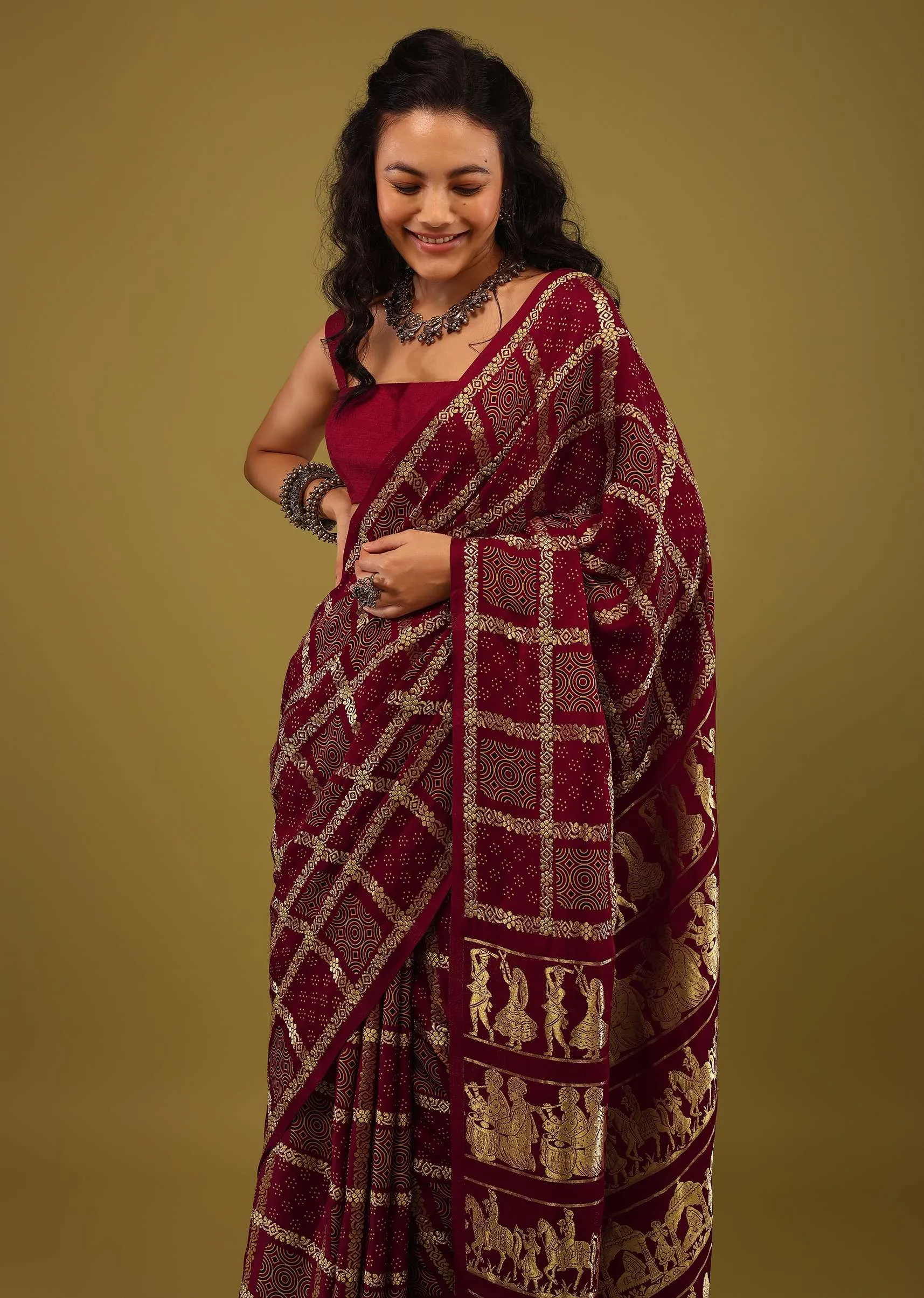Maroon Red Saree In Satin With Ajrakh Block Print And Brocade Work
