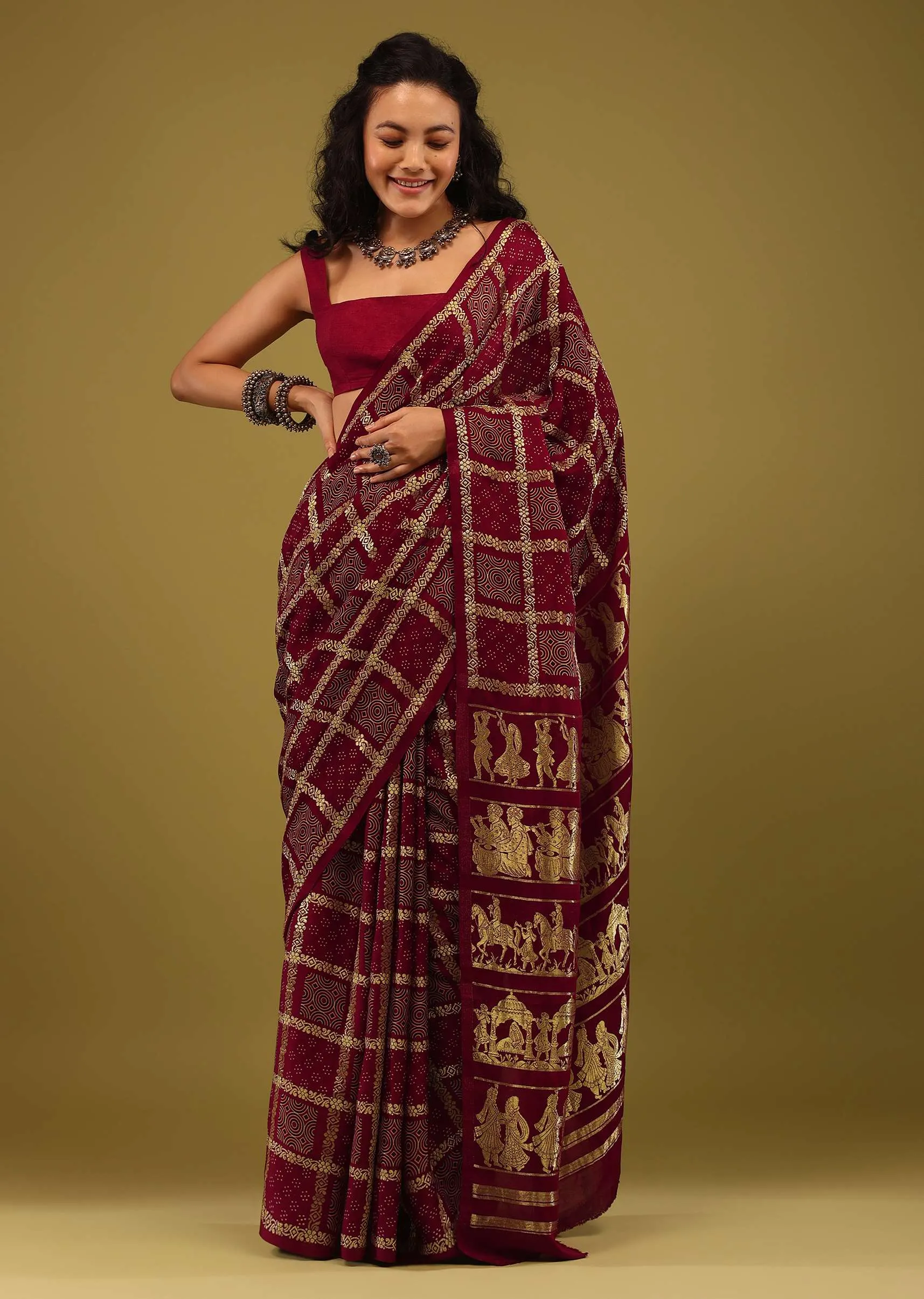 Maroon Red Saree In Satin With Ajrakh Block Print And Brocade Work