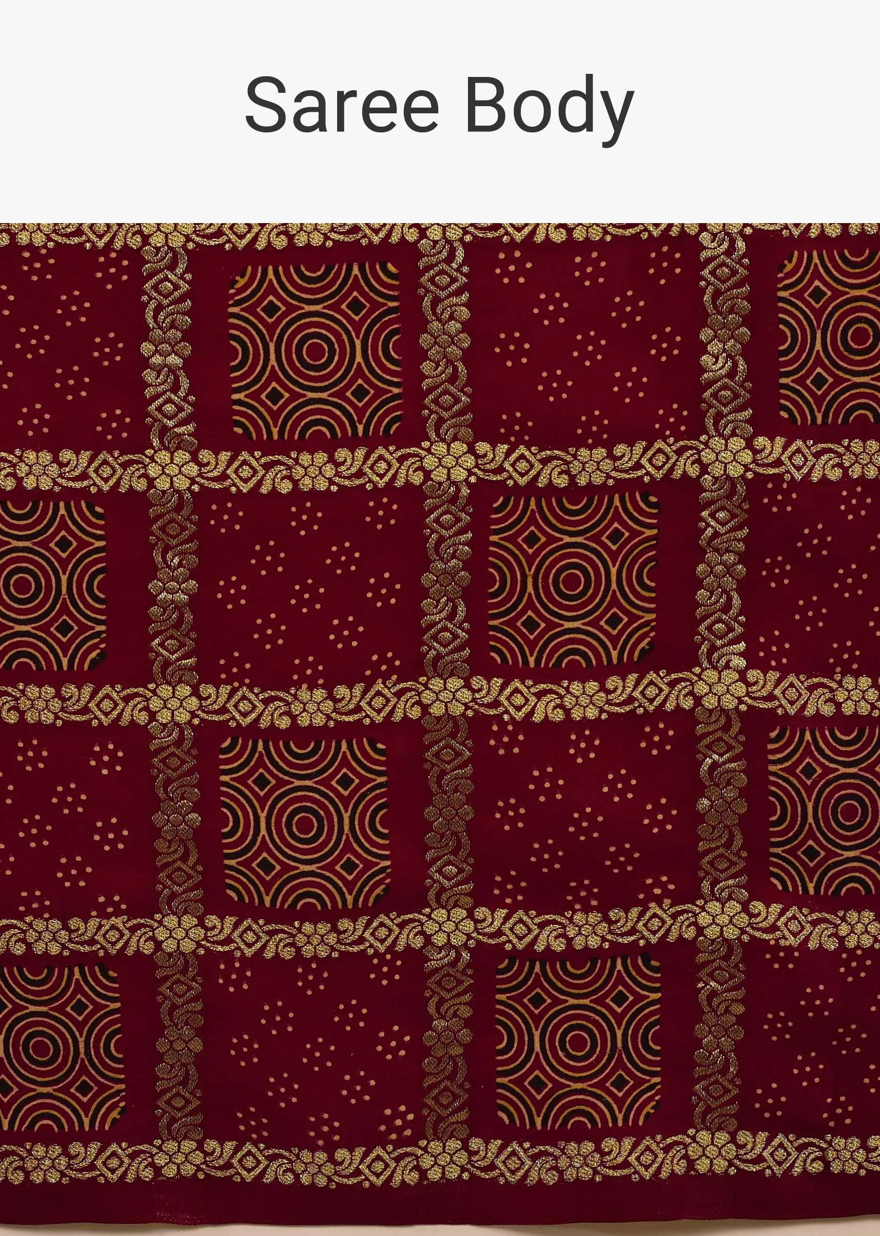 Maroon Red Saree In Satin With Ajrakh Block Print And Brocade Work
