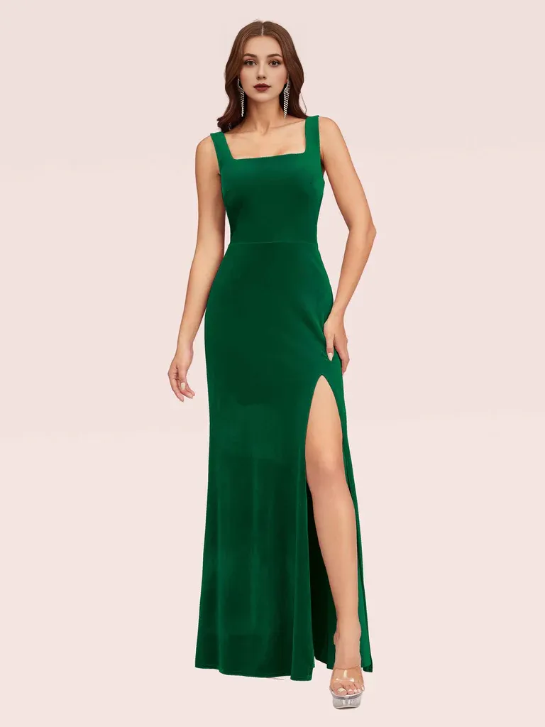 Mermaid Bridesmaid Dresses Velvet Square Neck Sleeveless With Slit